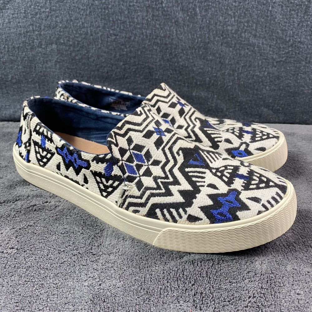 TOMS Women’s Size 10 Alpargata Slip-On Shoes Blue Black White Tribal Geometric